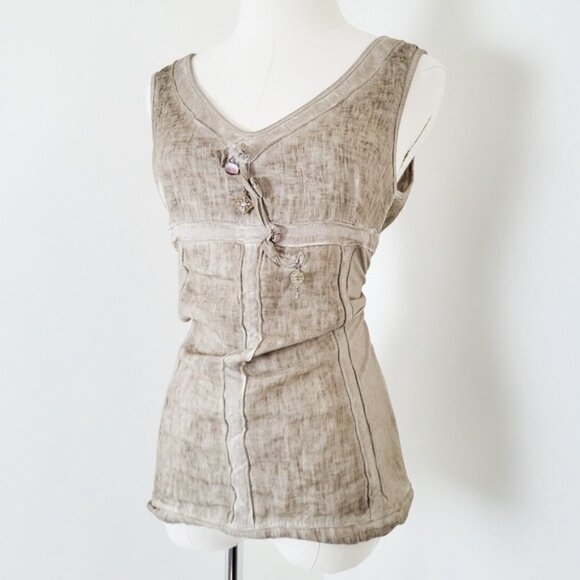 Tan Tank Top Sleeveless Vneck Babydoll Empire Waist Panelling Panels Fitted - Picture 13 of 13